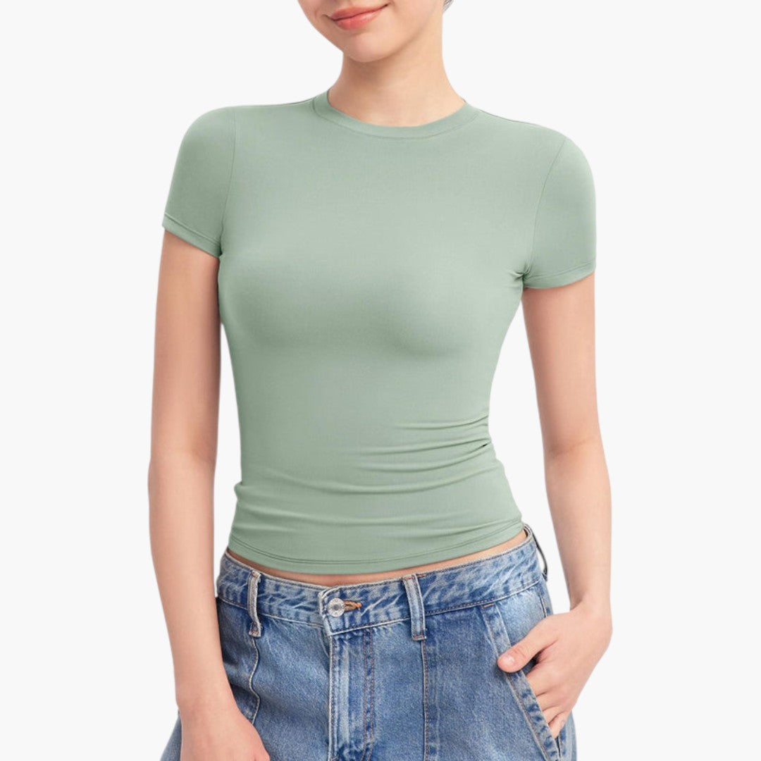 t-shirt de mulher com decote redondo e mangas curtas