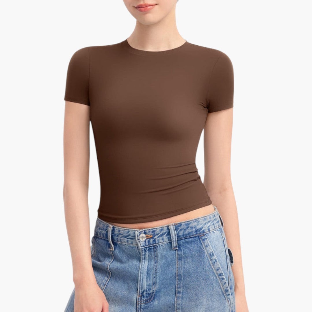 t-shirt de mulher com decote redondo e mangas curtas