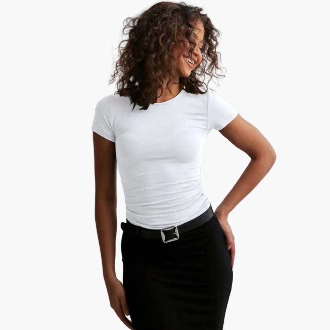Damen-T-Shirt mit Rundhalsausschnitt, taillierter Schnitt, dehnbares Maschengewebe