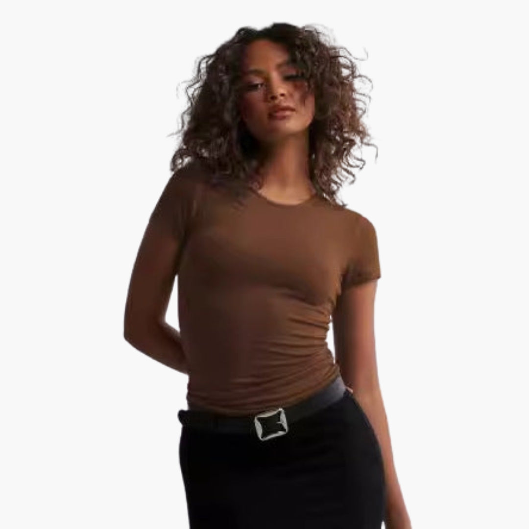 Damen-T-Shirt mit Rundhalsausschnitt, taillierter Schnitt, dehnbares Maschengewebe