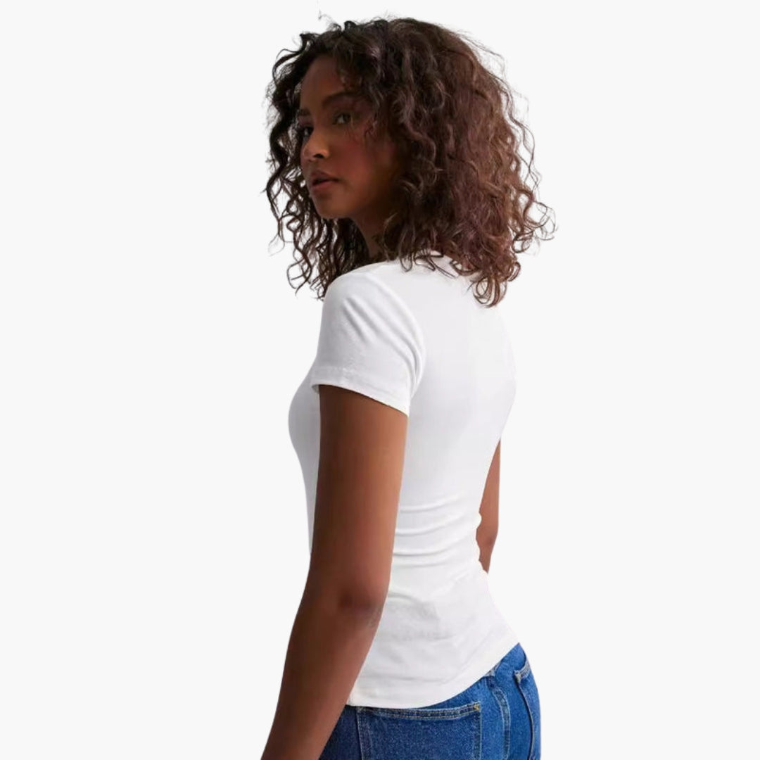 Damen-T-Shirt mit Rundhalsausschnitt, taillierter Schnitt, dehnbares Maschengewebe