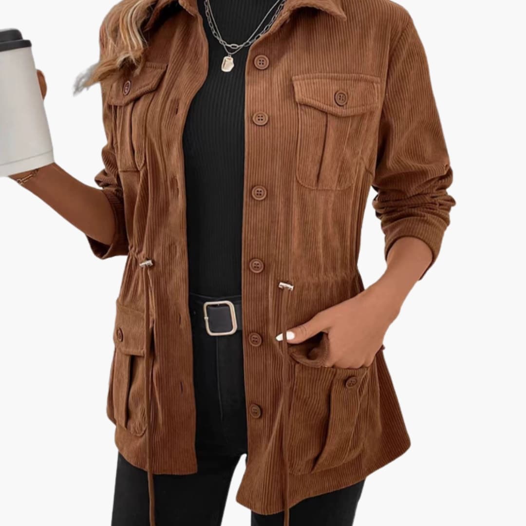 Women's Ribbed Jacket with Button Closure and Utility Pockets