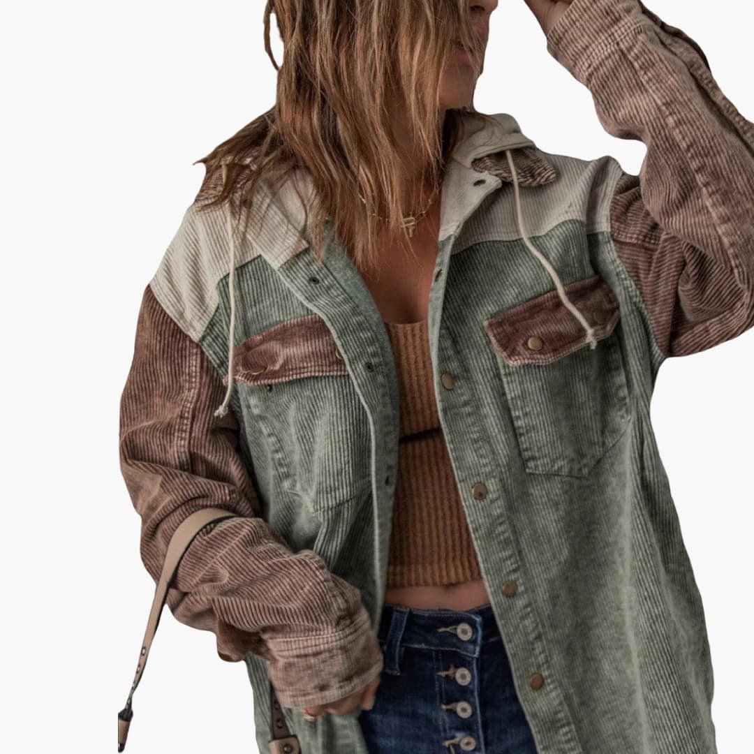 Retro Ribbed Women's Jacket with Hood and Color Block Design