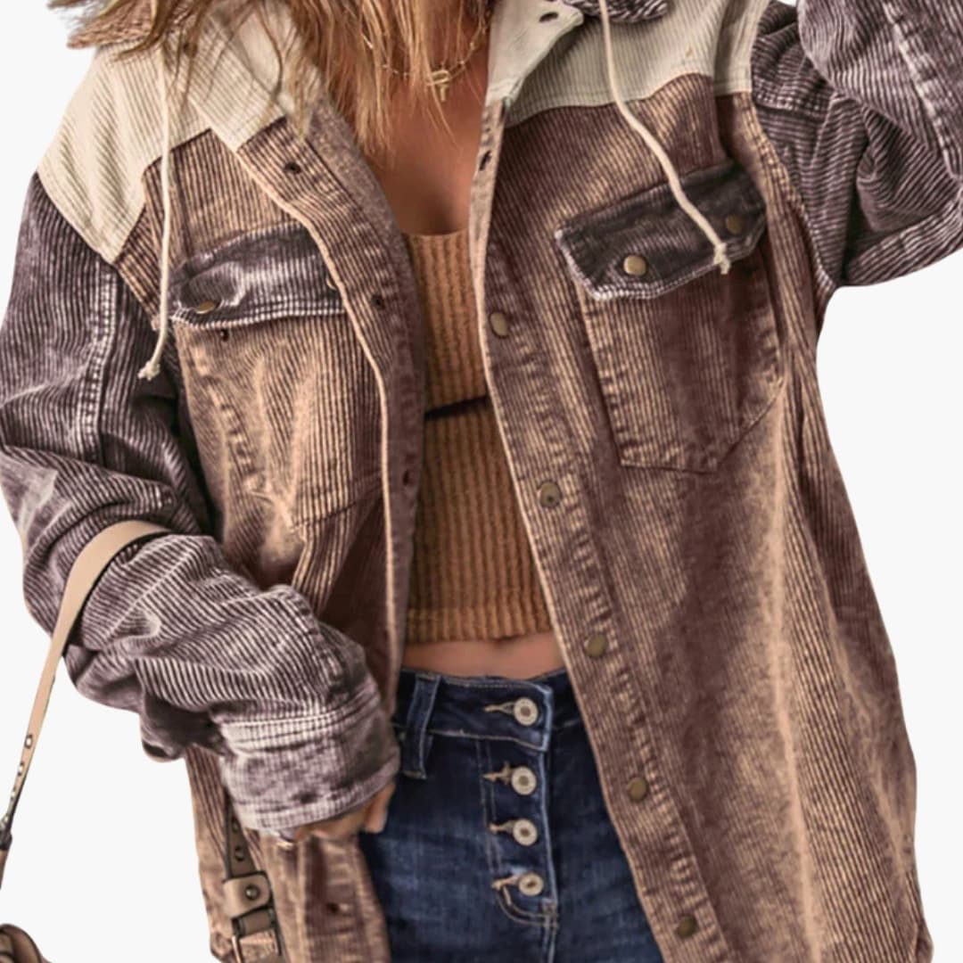 Retro Ribbed Women's Jacket with Hood and Color Block Design