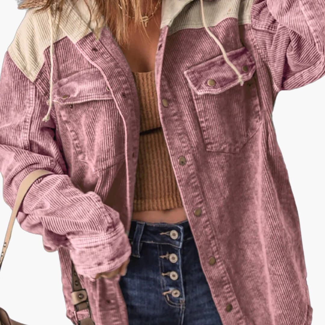 Retro Ribbed Women's Jacket with Hood and Color Block Design