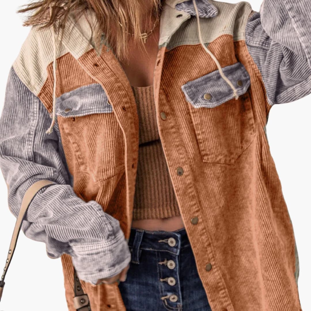 Retro Ribbed Women's Jacket with Hood and Color Block Design