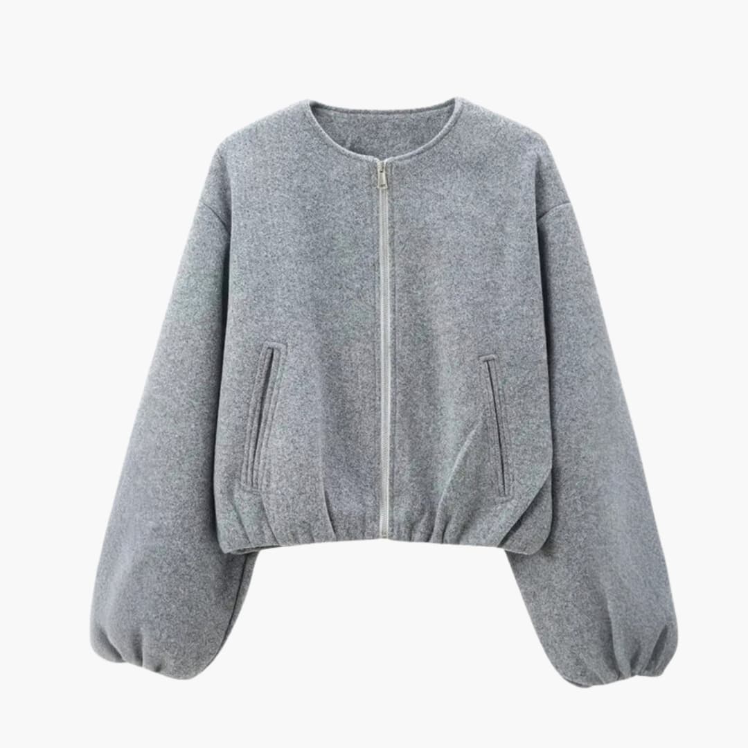 Casaco bomber feminino com mangas balão e fecho de correr