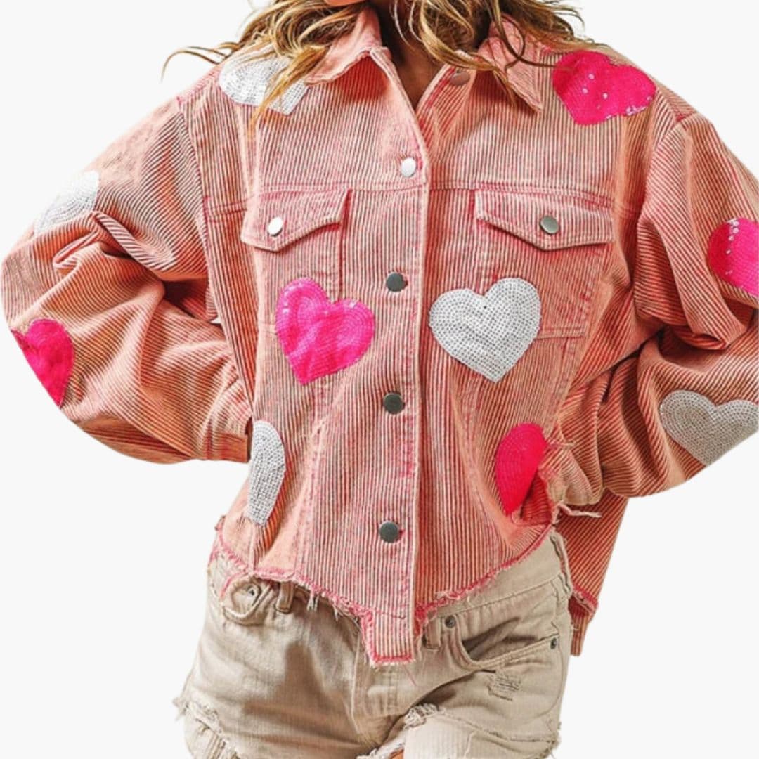 Women's bomber jacket with heart sequin pattern