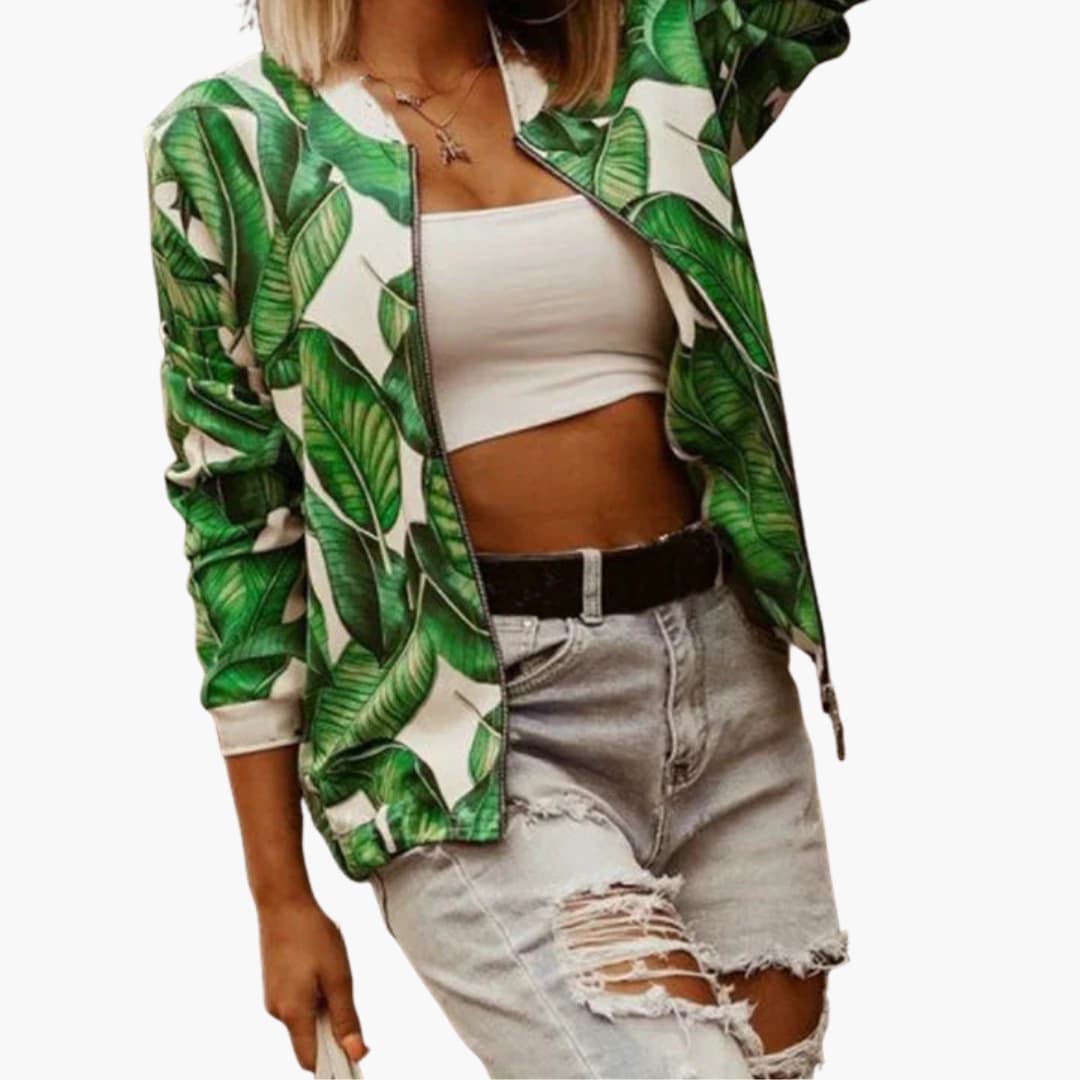 Women's zip-up bomber jacket with ribbed hem