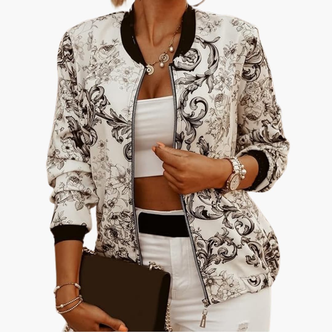 Women's zip-up bomber jacket with ribbed hem