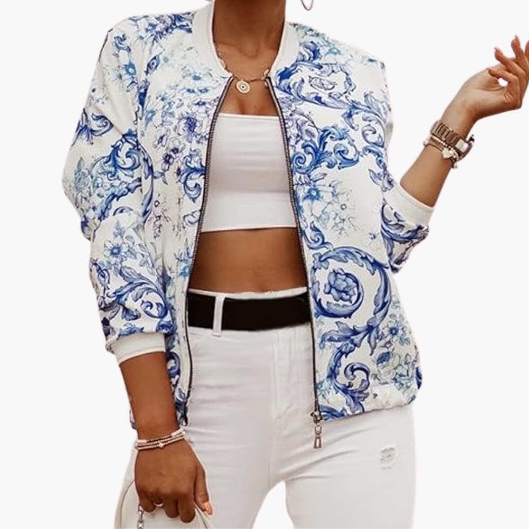 Women's zip-up bomber jacket with ribbed hem