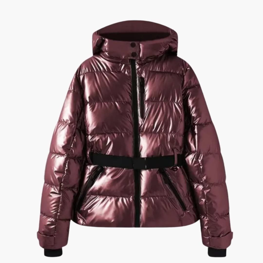 Women's ski jacket with hood and adjustable belt