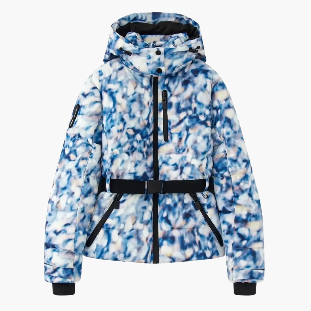 Women's ski jacket with hood and adjustable belt