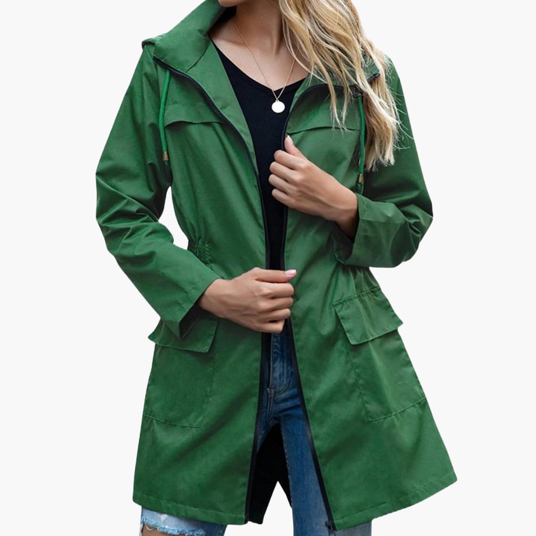 Women's fine knit jacket with hood and front zipper closure
