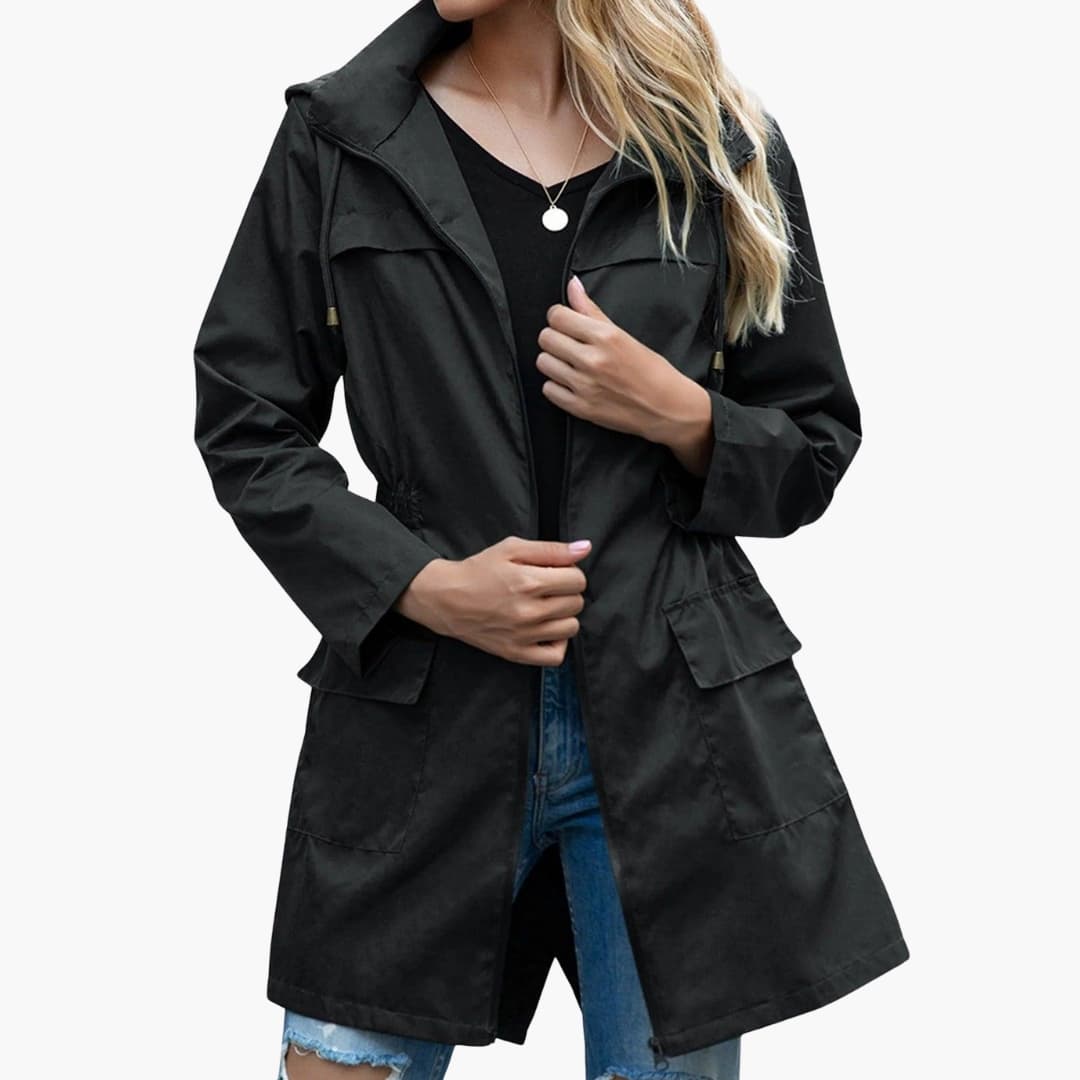 Women's fine knit jacket with hood and front zipper closure