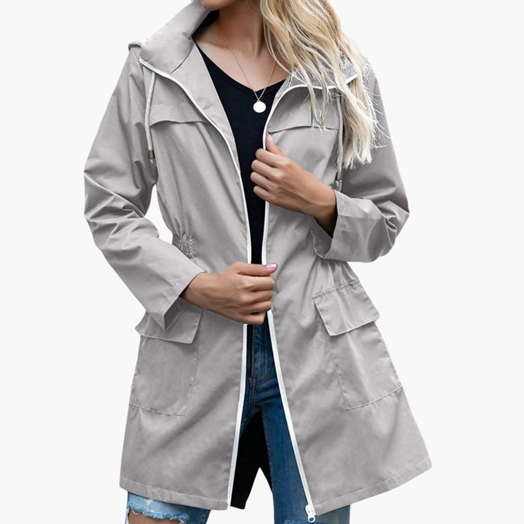 Women's fine knit jacket with hood and front zipper closure
