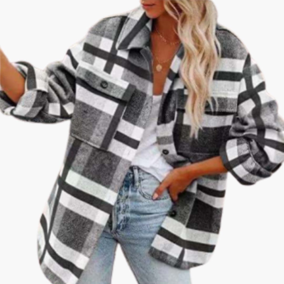 Giacca donna oversize a quadri con maniche lunghe