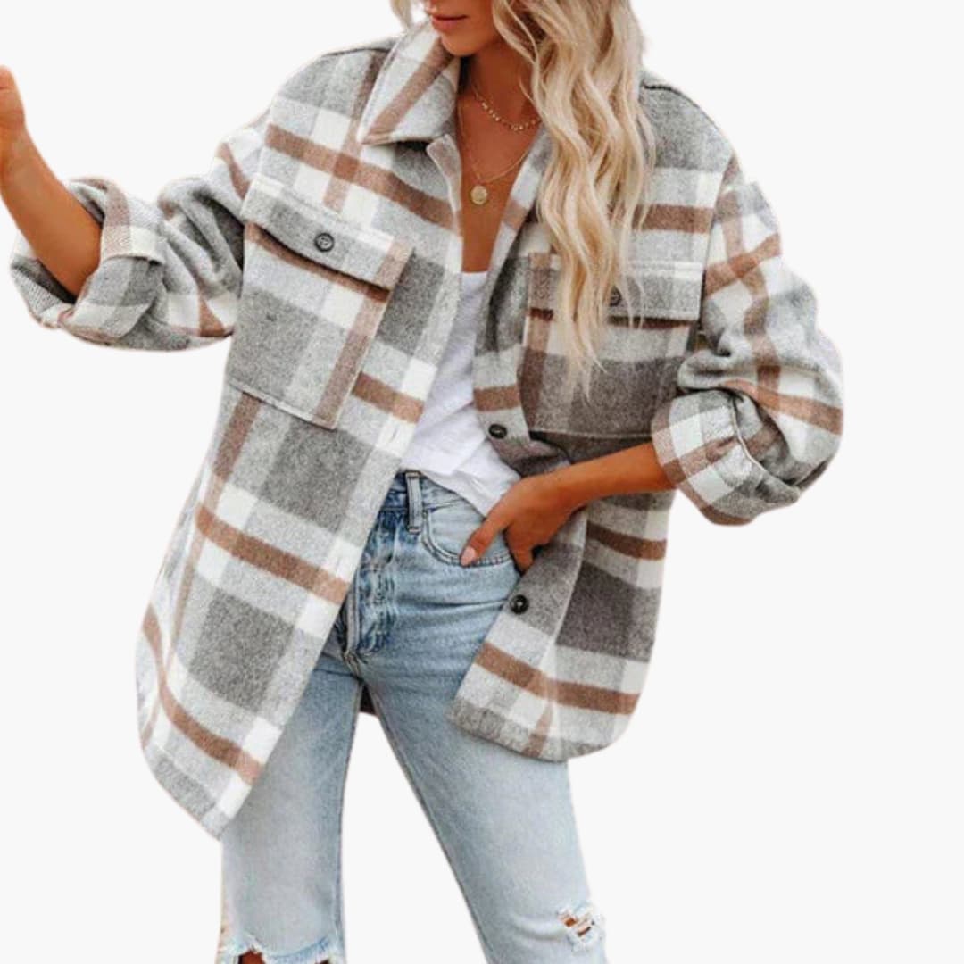 Giacca donna oversize a quadri con maniche lunghe