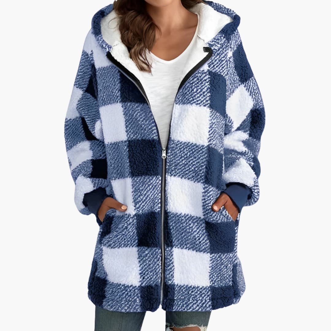 Veste femme zippée à capuche avec motif à carreaux et doublure sherpa