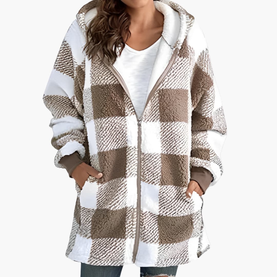 Veste femme zippée à capuche avec motif à carreaux et doublure sherpa