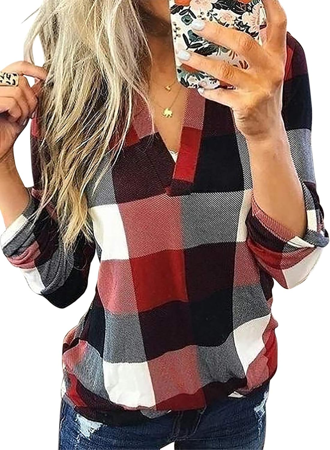 Blouse à carreaux pour femme avec encolure en V et manches longues