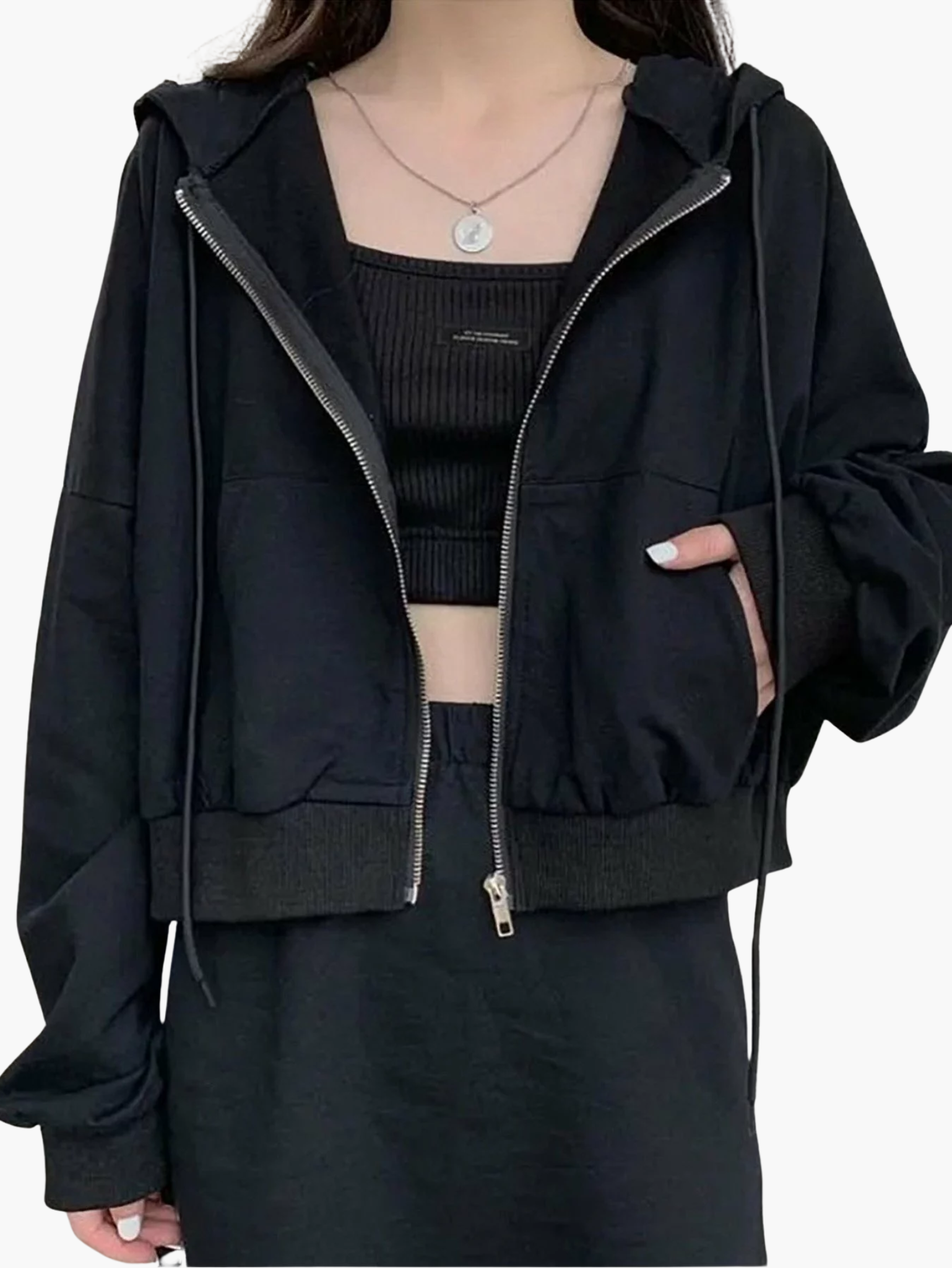 Damen Sweatshirt Cropped mit integrierter Kapuze und Reißverschluss