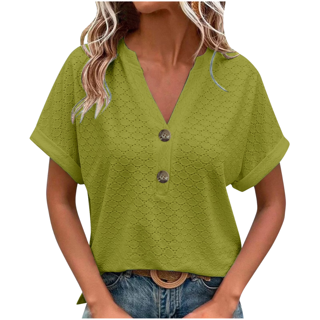 Dames T-shirt met borduurwerk, oogjes, ronde hals en korte mouwen