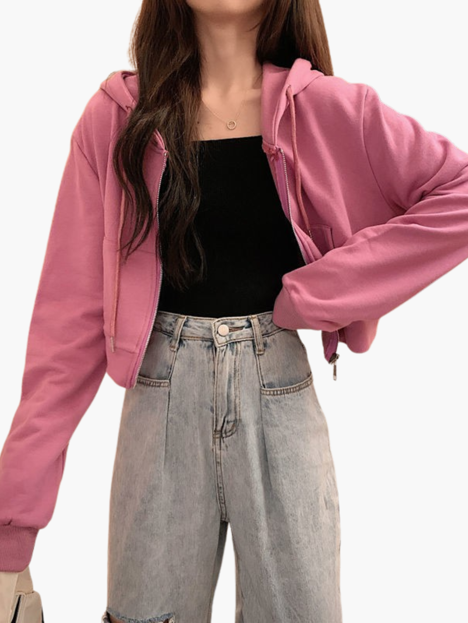 Damen Sweatshirt Cropped mit integrierter Kapuze und Reißverschluss