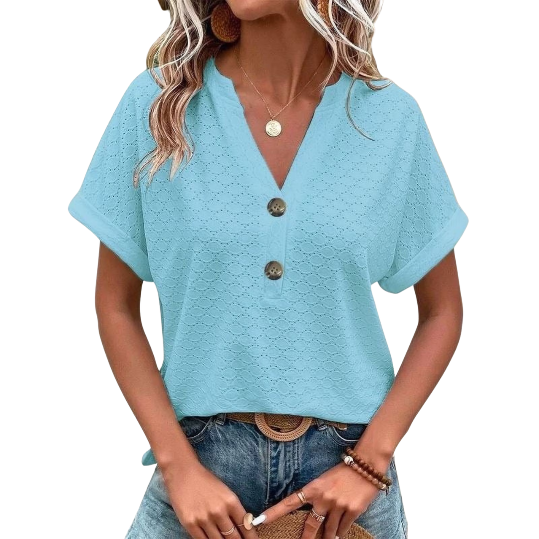 Dames T-shirt met borduurwerk, oogjes, ronde hals en korte mouwen
