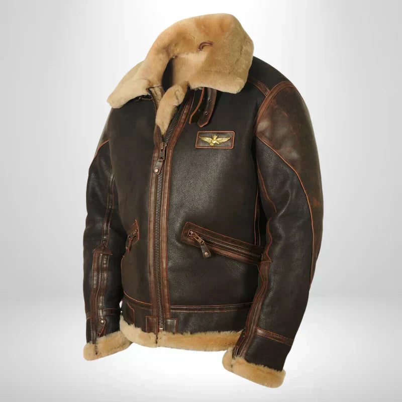 Aurelius | Veste Aviateur en Cuir pour Hommes avec Col en Laine