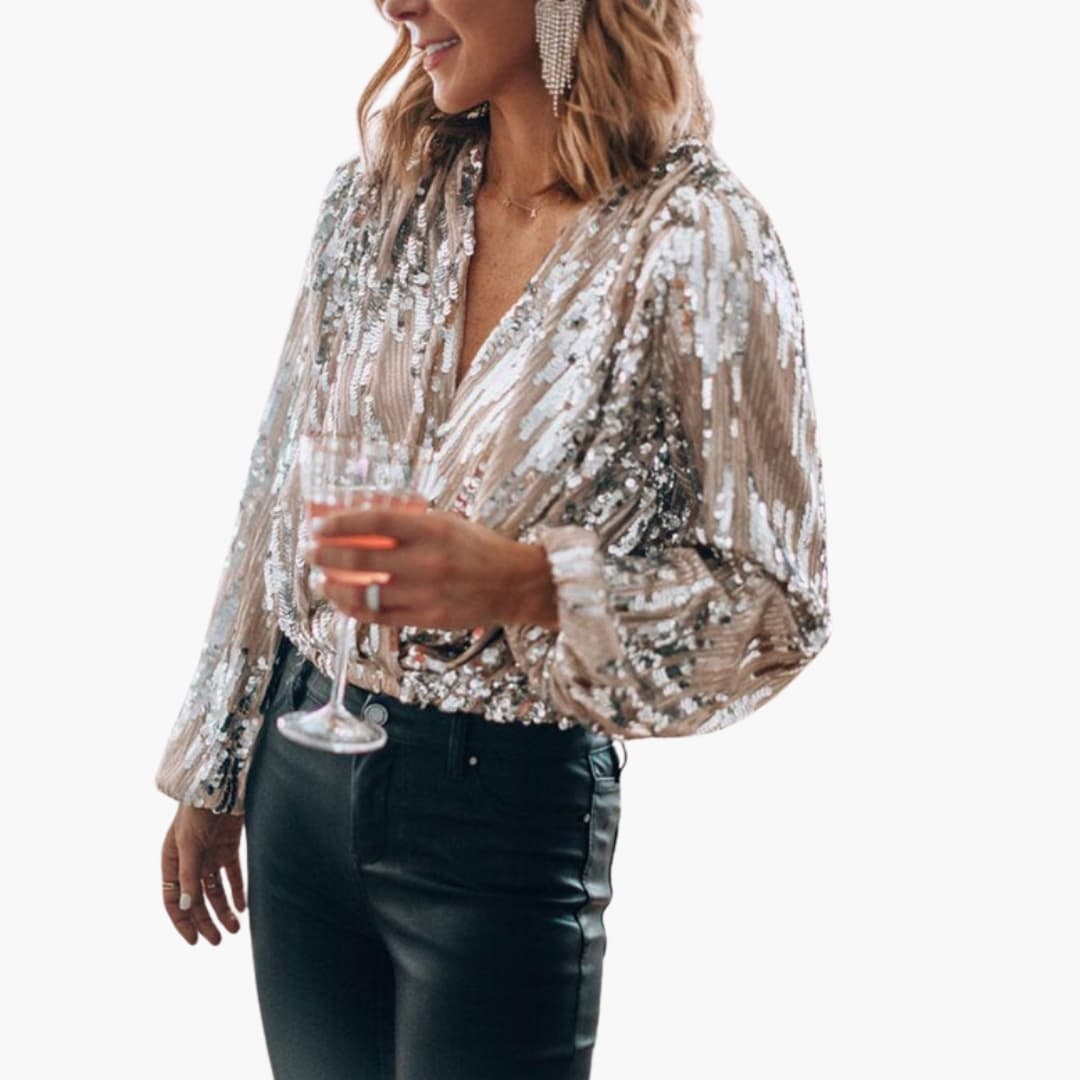 Blouse Femme Cache-Cœur à Sequins avec Col V et Manches Longues