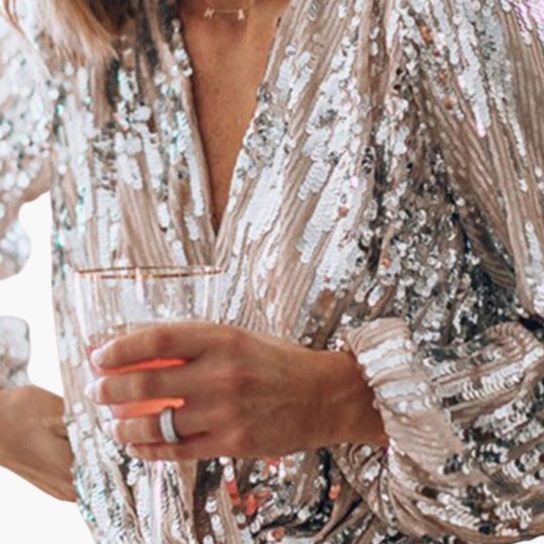 Blouse Femme Cache-Cœur à Sequins avec Col V et Manches Longues