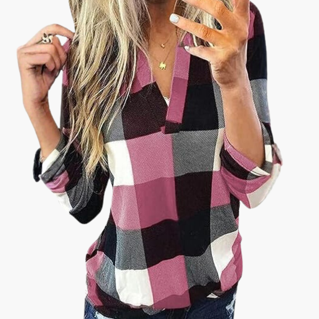 Blouse à carreaux pour femme avec encolure en V et manches longues