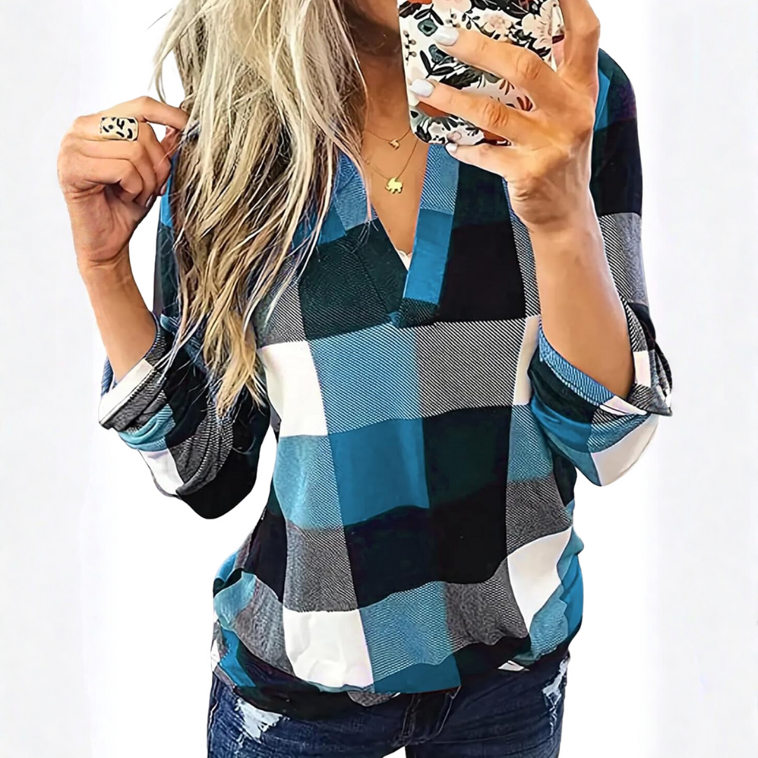 Blouse à carreaux pour femme avec encolure en V et manches longues