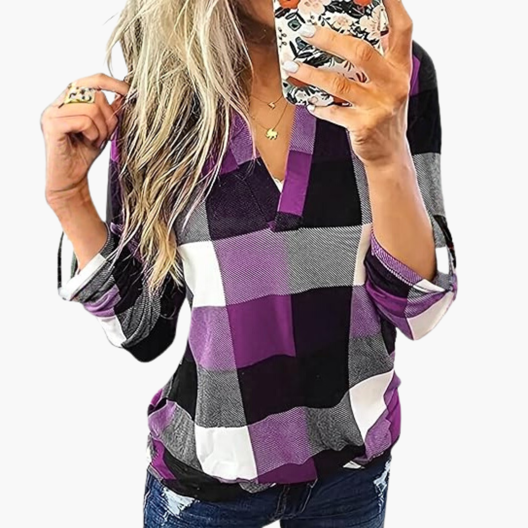 Blouse à carreaux pour femme avec encolure en V et manches longues