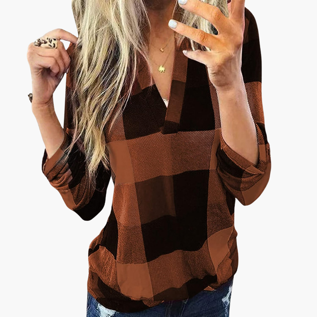 Blouse à carreaux pour femme avec encolure en V et manches longues