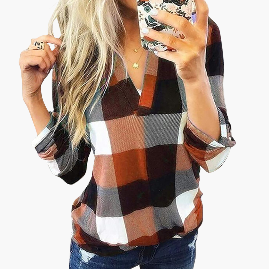 Blouse à carreaux pour femme avec encolure en V et manches longues