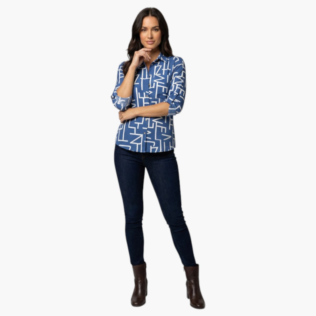 Blouse femme à col rabattu et fermeture boutonnée