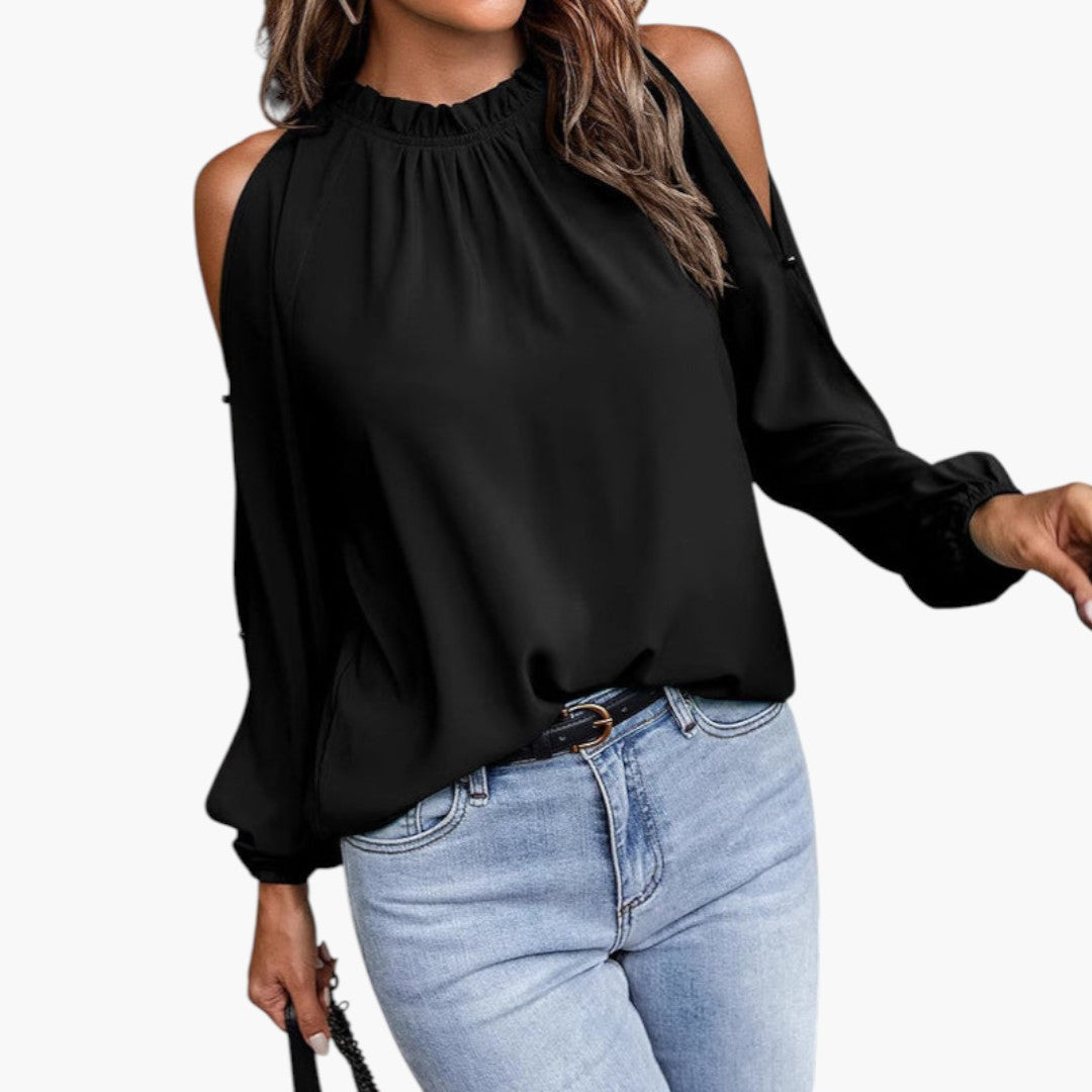 Blouse femme à col volanté et manches bouffantes