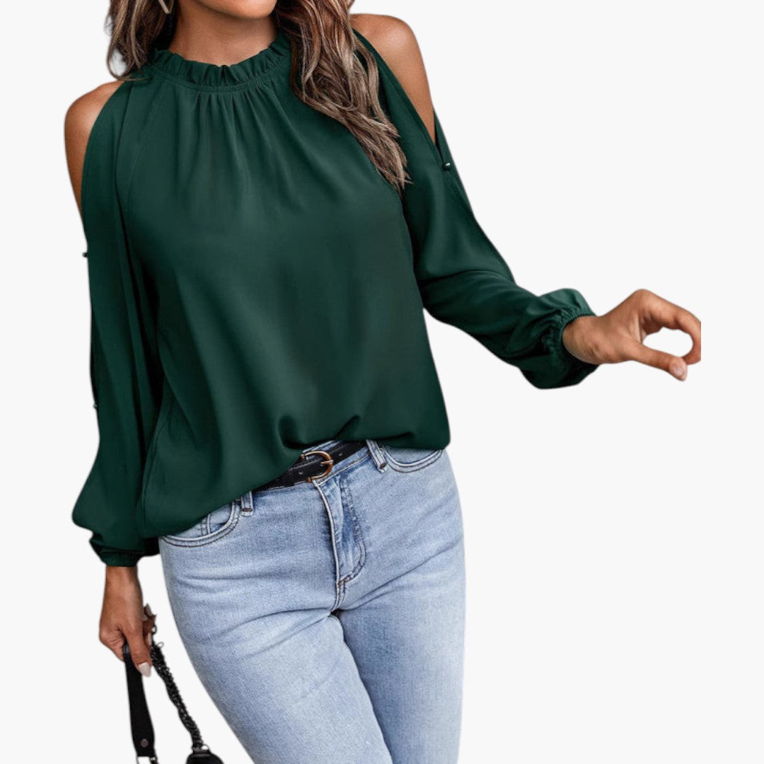 Blouse femme à col volanté et manches bouffantes