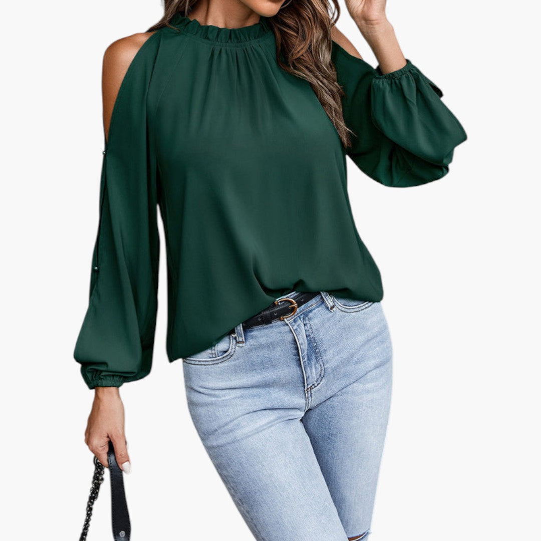 Blouse femme à col volanté et manches bouffantes