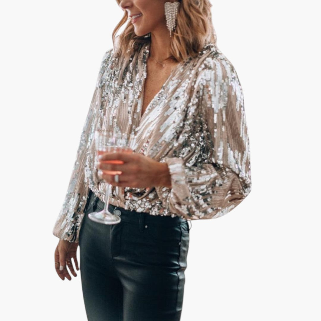 Blouse femme à encolure en V croisée avec surface à sequins