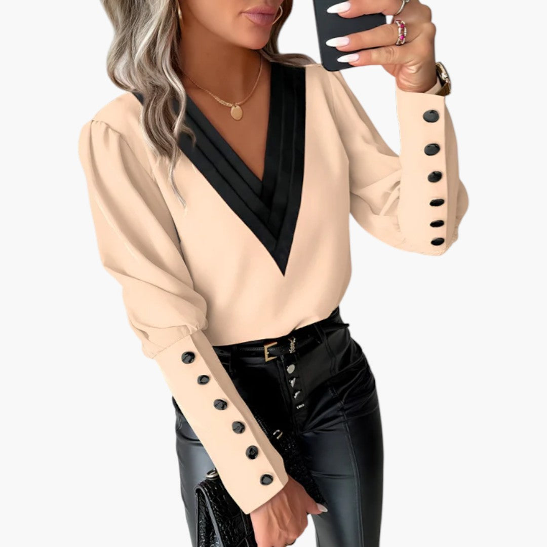 Blouse femme à encolure en V et poignets boutonnés