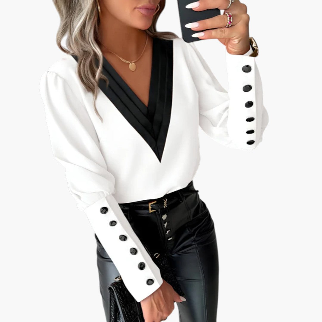 Blouse femme à encolure en V et poignets boutonnés