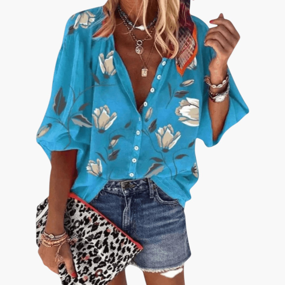 Blouse femme à patte de boutonnage et manches courtes