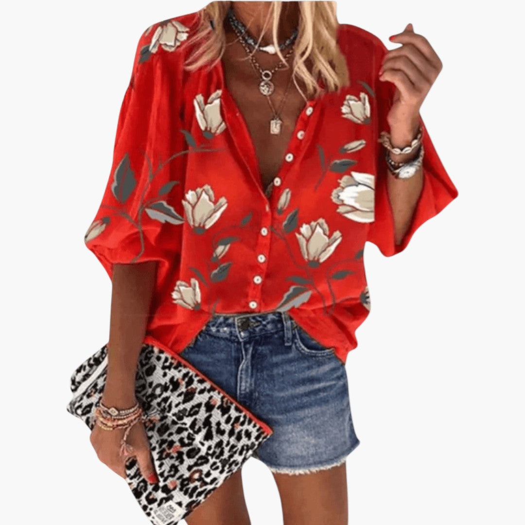 Blouse femme à patte de boutonnage et manches courtes
