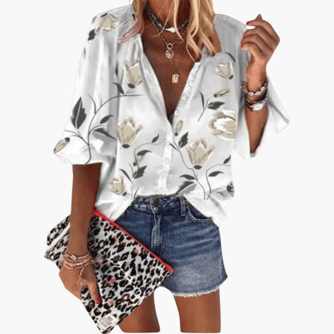 Blouse femme à patte de boutonnage et manches courtes