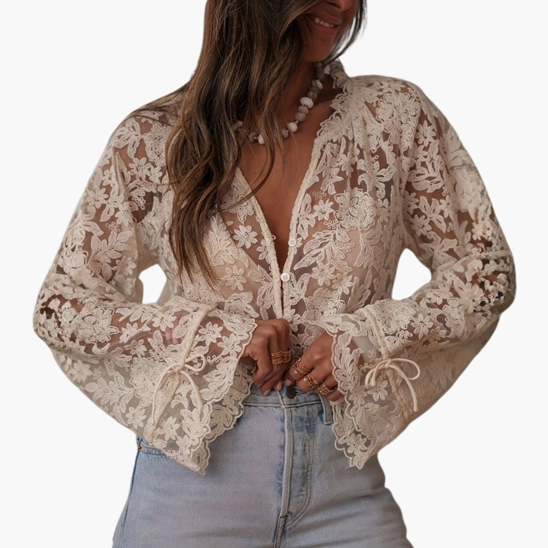 Blouse femme avec col en V et broderie florale