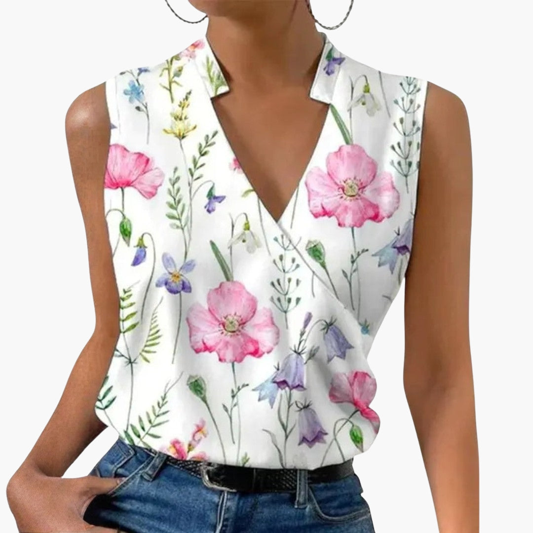 Blouse femme col V sans manches effet cache cœur