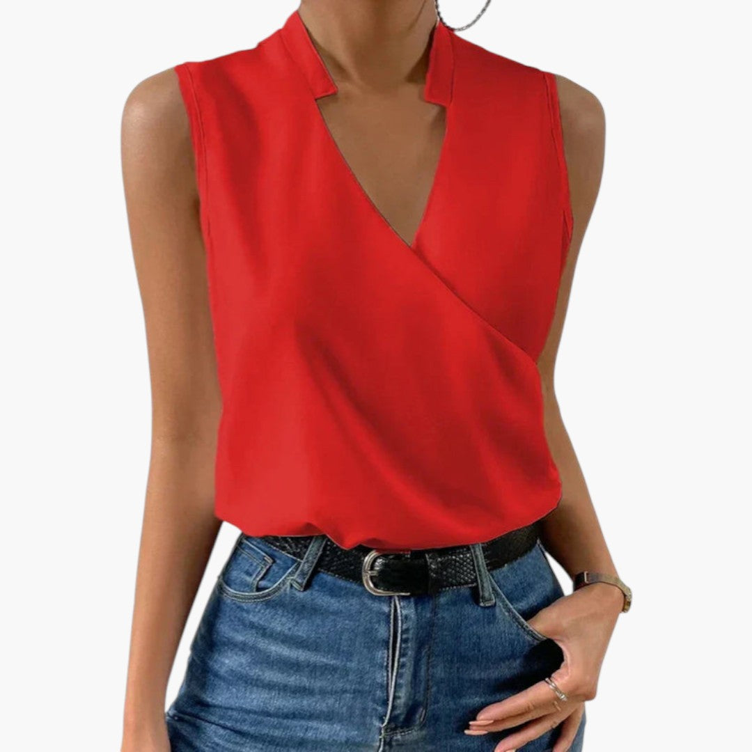Blouse femme col V sans manches effet cache cœur